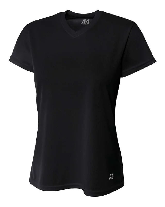 A4 NW3254 Women's Short Sleeve V-Neck Birds Eye Mesh Tee - Black