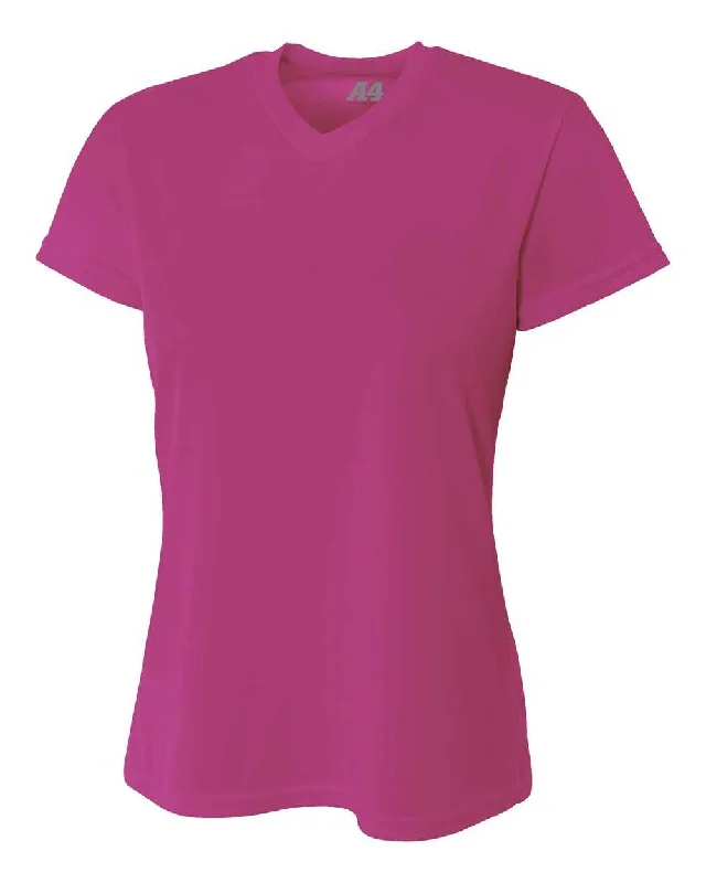 A4 NW3254 Women's Short Sleeve V-Neck Birds Eye Mesh Tee - Fuchsia