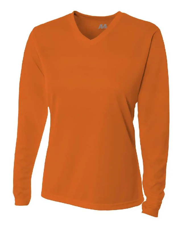 A4 NW3255 Women's Long Sleeve V-Neck Birds Eye Mesh Tee - Athletic Orange