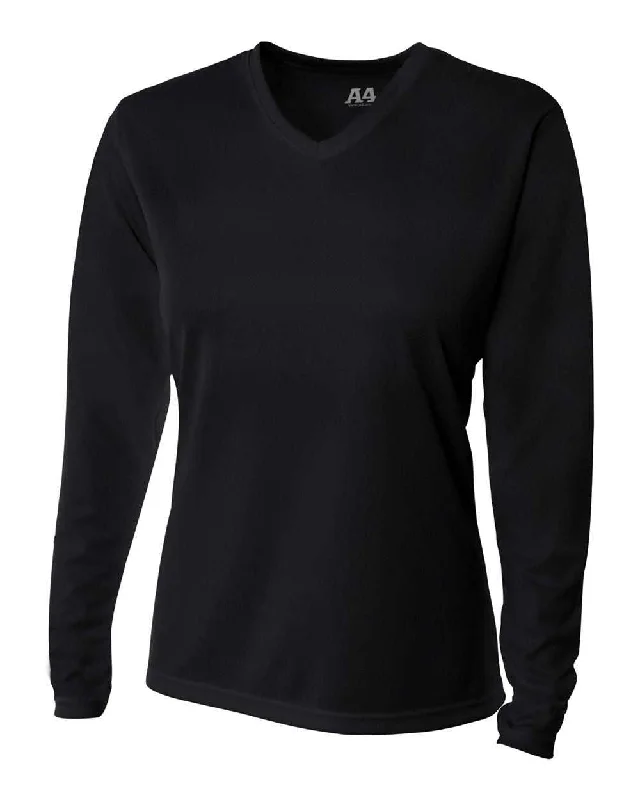 A4 NW3255 Women's Long Sleeve V-Neck Birds Eye Mesh Tee - Black