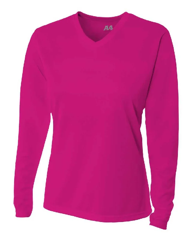 A4 NW3255 Women's Long Sleeve V-Neck Birds Eye Mesh Tee - Fuchsia