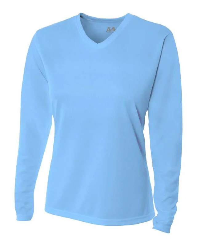 A4 NW3255 Women's Long Sleeve V-Neck Birds Eye Mesh Tee - Light Blue