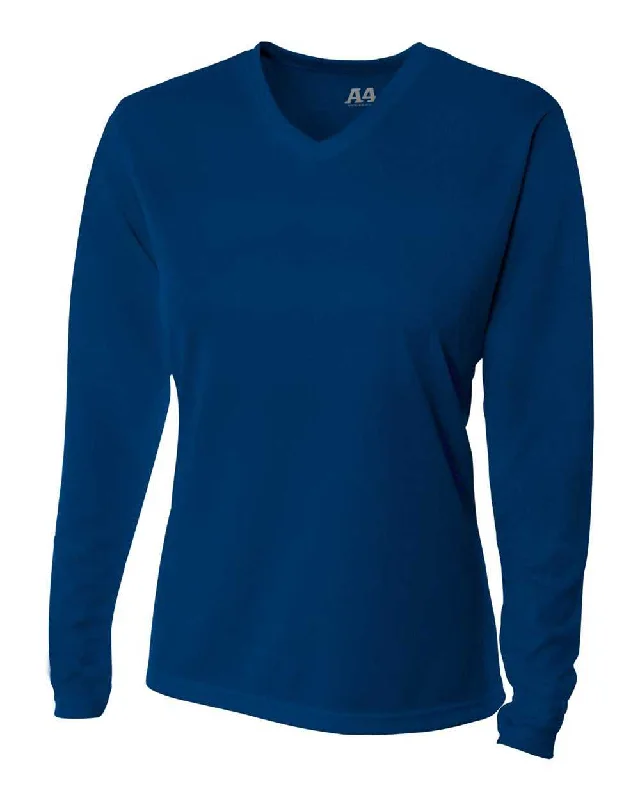 A4 NW3255 Women's Long Sleeve V-Neck Birds Eye Mesh Tee - Navy