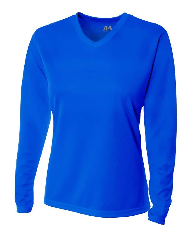 A4 NW3255 Women's Long Sleeve V-Neck Birds Eye Mesh Tee - Royal