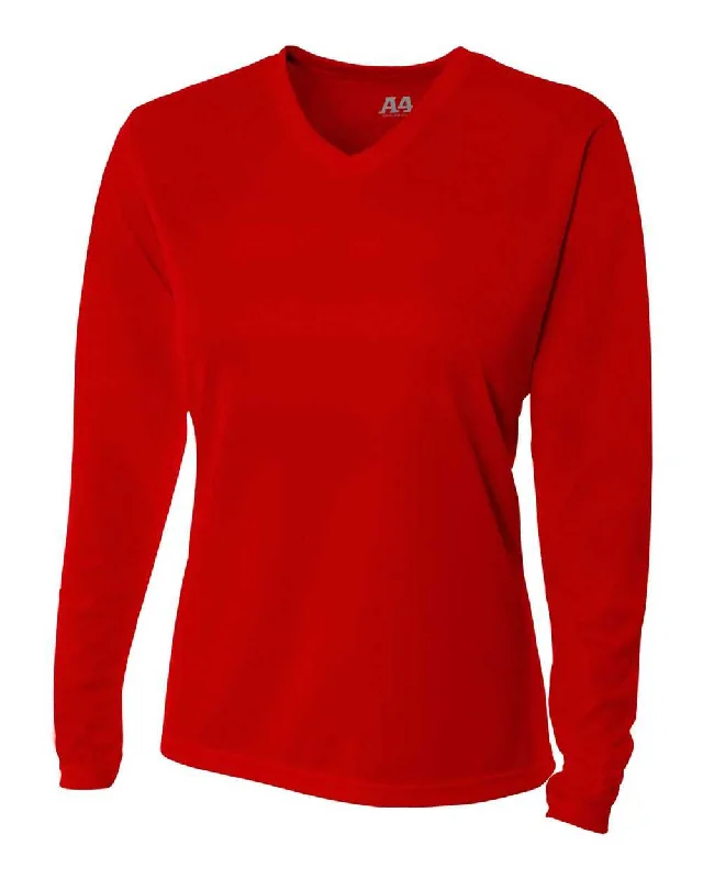 A4 NW3255 Women's Long Sleeve V-Neck Birds Eye Mesh Tee - Scarlet