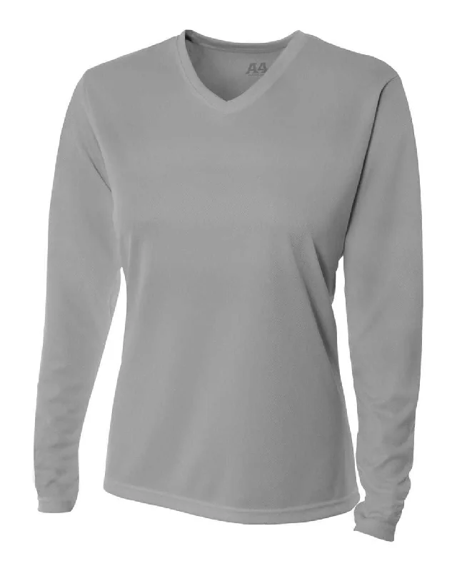 A4 NW3255 Women's Long Sleeve V-Neck Birds Eye Mesh Tee - Silver