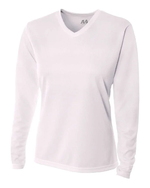 A4 NW3255 Women's Long Sleeve V-Neck Birds Eye Mesh Tee - White