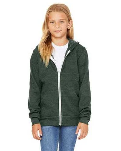 Bella + Canvas 3739Y Youth Sponge Fleece Full-Zip Hooded Sweatshirt - Heather Forest