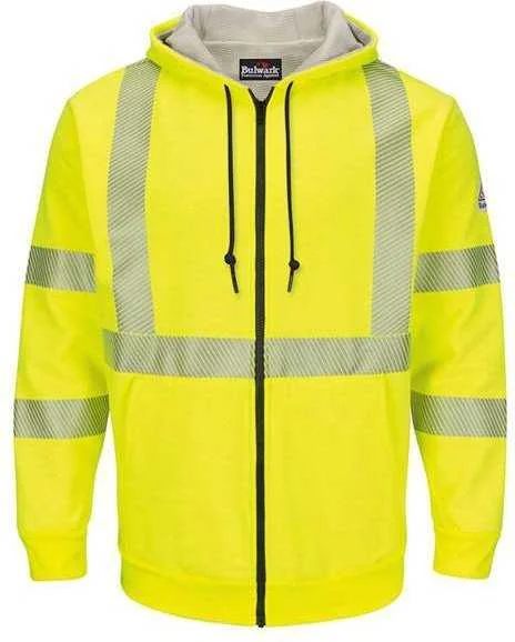 Bulwark SMZ4HV Hi-Visibility Zip-Front Hooded Fleece Sweatshirt with Waffle Lining - Yellow Green