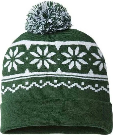 Cap America RKF12 USA-Made Snowflake Beanie - Forest Green White