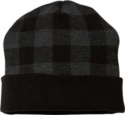 Cap America RKP12 USA-Made Plaid Beanie - Black Dark Heather Gray