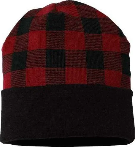 Cap America RKP12 USA-Made Plaid Beanie - Black True Red