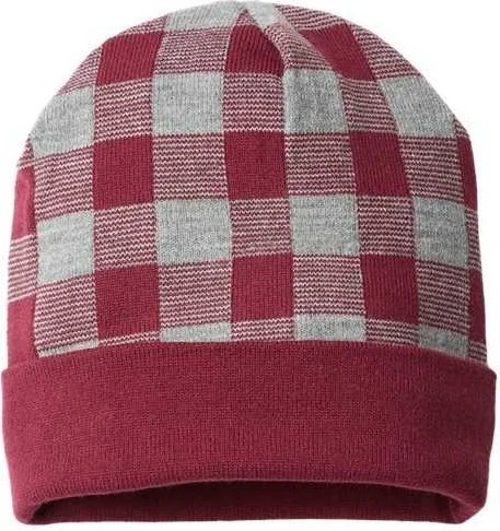 Cap America RKP12 USA-Made Plaid Beanie - Maroon Heather