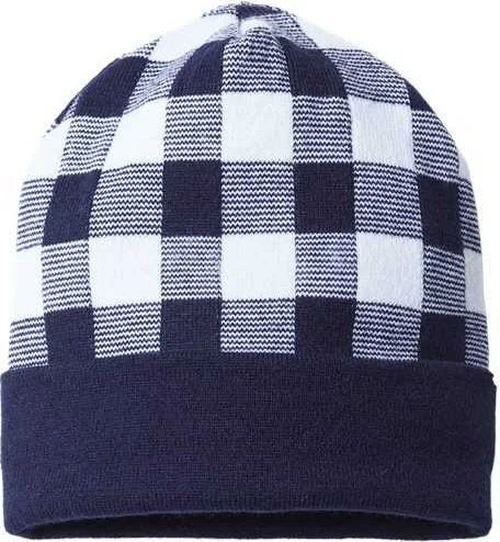 Cap America RKP12 USA-Made Plaid Beanie - Navy White