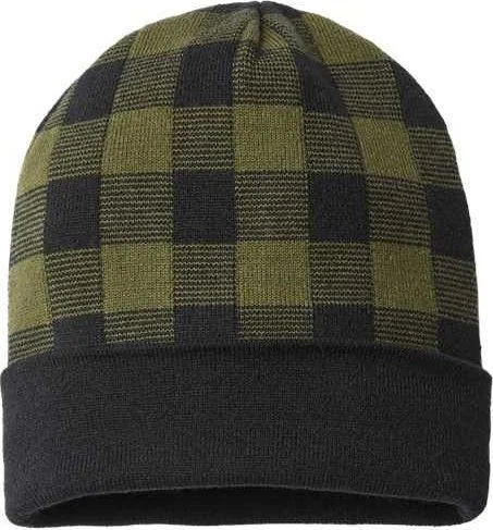 Cap America RKP12 USA-Made Plaid Beanie - Olive Green Black