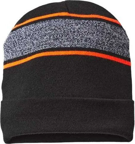 Cap America RKV12 USA-Made Variegated Striped Cuffed Beanie - Black Neon Blaze