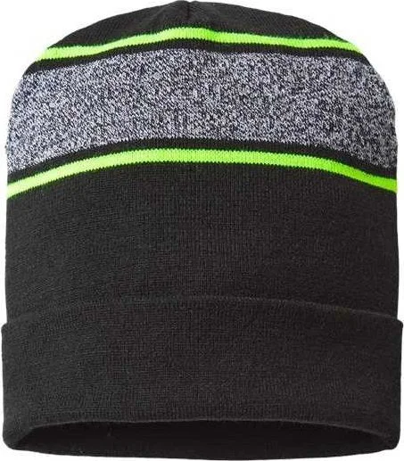 Cap America RKV12 USA-Made Variegated Striped Cuffed Beanie - Black Neon Yellow