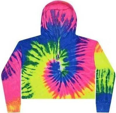 Colortone 8333 Women's Tie-Dyed Crop Hooded Sweatshirt - Neon Rainbow