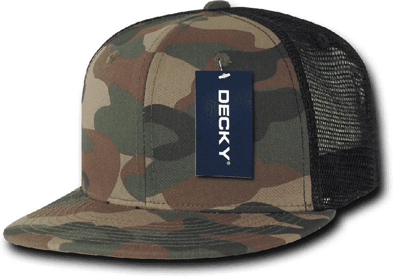 Decky 1055 Cotton Flat Bill Trucker Cap - Woodland Camo Black