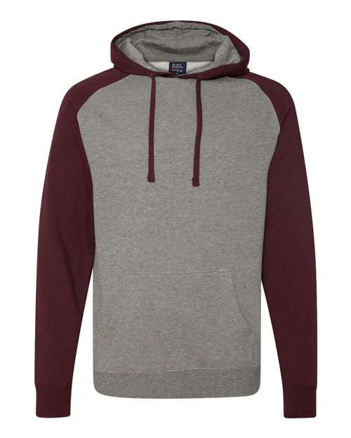 Independent Trading Co IND40RP Raglan Hooded Sweatshirt - Gunmetal Heather Burgundy Heather