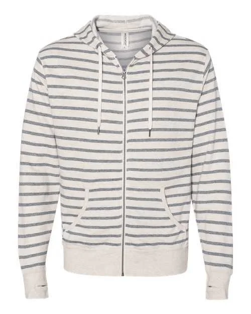 Independent Trading Co PRM90HTZ Unisex Heathered French Terry Full-Zip Hooded Sweatshirt - Oatmeal Heather Salt & Pepper Stripe