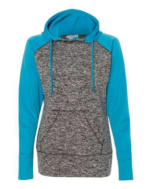 J. America 8618 Womens Colorblocked Cosmic Fleece Hooded Sweatshirt - Charcoal Fleck Electric Blue