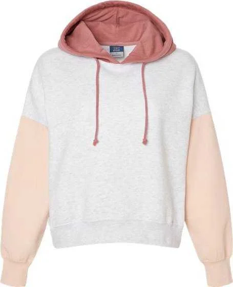 MV Sport W23716 Women's Sueded Fleece Colorblocked Crop Hooded Sweatshirt - Cameo Pink