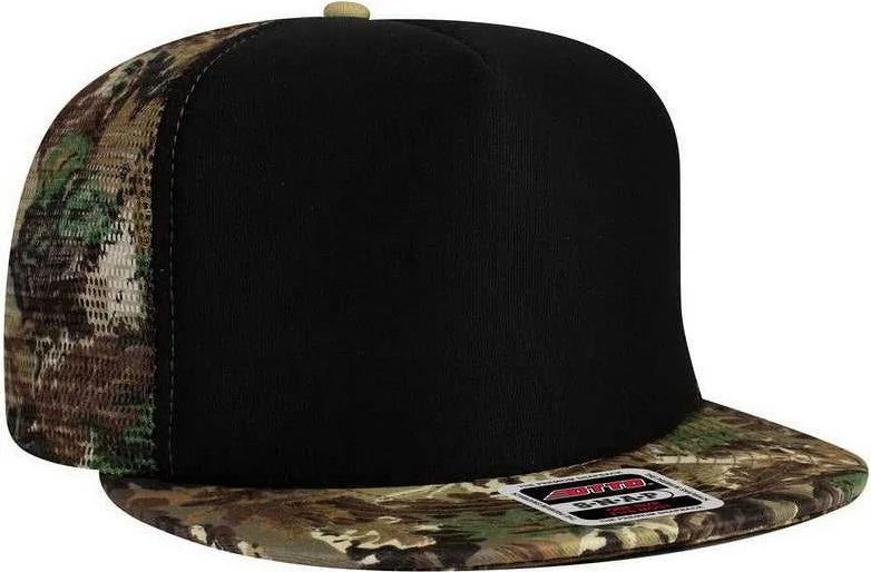 OTTO 132-1125 Otto Snap Camouflage 5 Panel High Crown Mesh Back Trucker Cap - Light Loden Brown Kelly Black