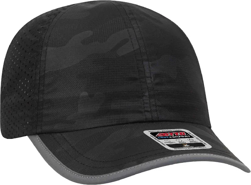 OTTO 133-1258 6 Panel Textured Polyester Pongee with Mesh Inserts Reflective Sandwich Visor Running Cap - Black Camo