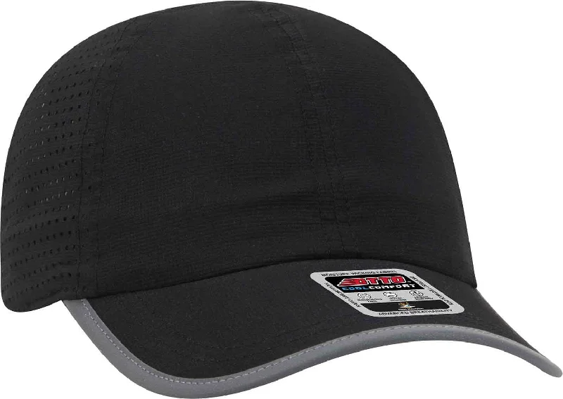 OTTO 133-1258 6 Panel Textured Polyester Pongee with Mesh Inserts Reflective Sandwich Visor Running Cap - Black