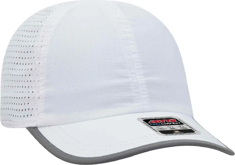 OTTO 133-1258 6 Panel Textured Polyester Pongee with Mesh Inserts Reflective Sandwich Visor Running Cap - White