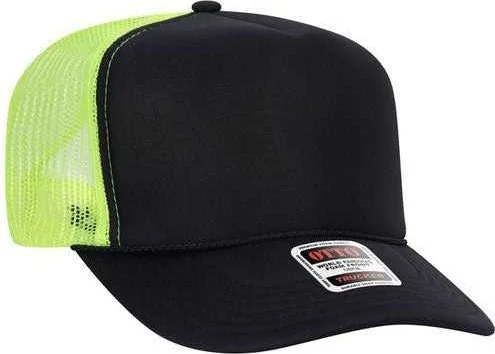 Otto 39-165 5 Panel Foam High Crown Mesh Back Trucker Snapback Cap - Black Black Neon Yellow