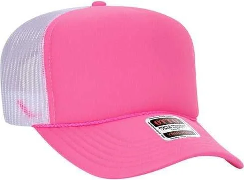 Otto 39-165 5 Panel Foam High Crown Mesh Back Trucker Snapback Cap - Neon Pink White