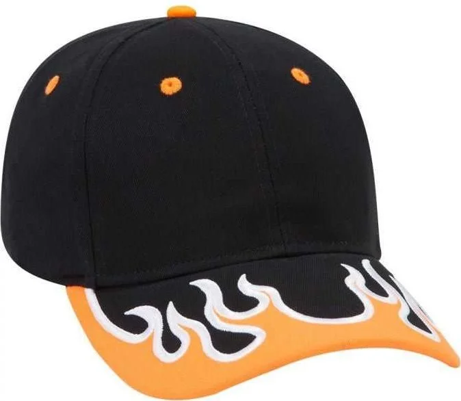 OTTO 58-589 Flame Pattern Visor Brushed Cotton Twill Low Profile Pro Style Structured Firm Front Panel Cap - Black Neon Orange White