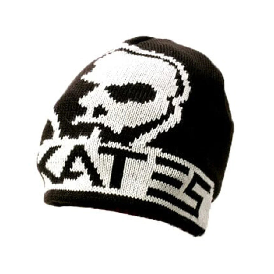 Skull Logo No Cuff Beanie | Black White